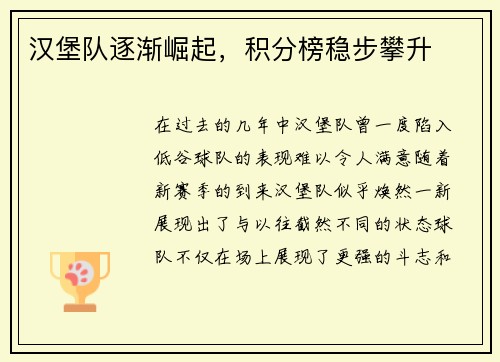 汉堡队逐渐崛起，积分榜稳步攀升