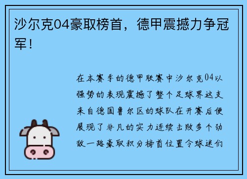 沙尔克04豪取榜首，德甲震撼力争冠军！